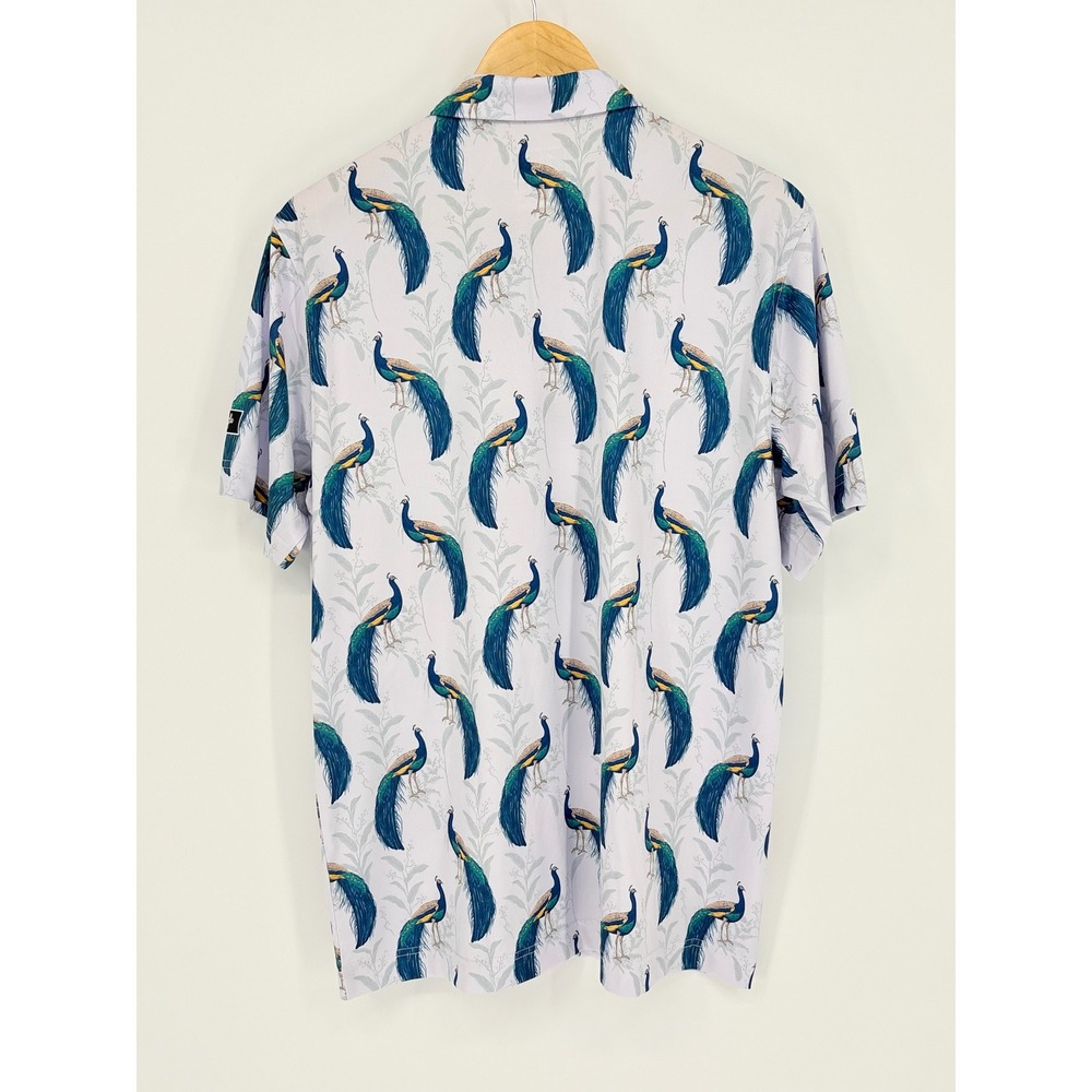 Waggle Peacocking Polo Men Large White Blue Peacock Print Golf Performance Shirt - Picture 4 of 8